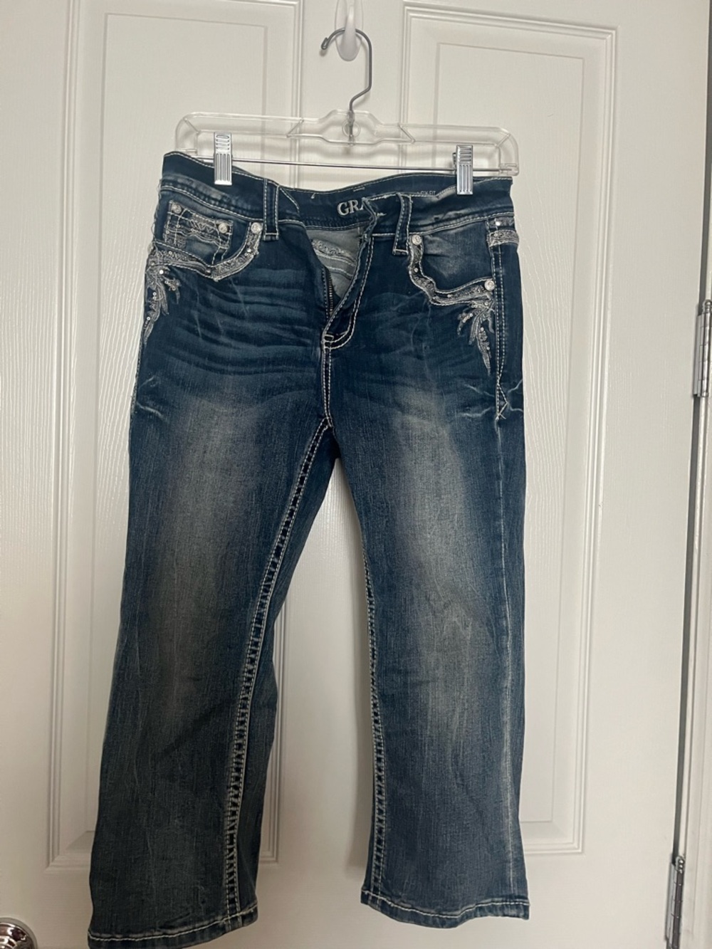 Grace in LA Dark Blue Boot Crop Jeans with Embellished Pockets